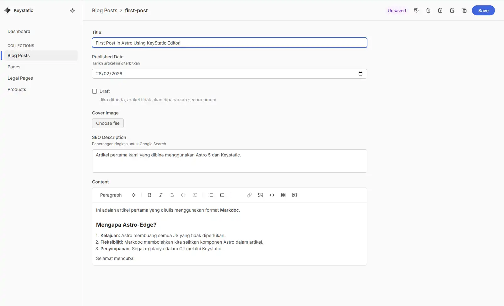 First Post in Astro 5 Using KeyStatic Editor